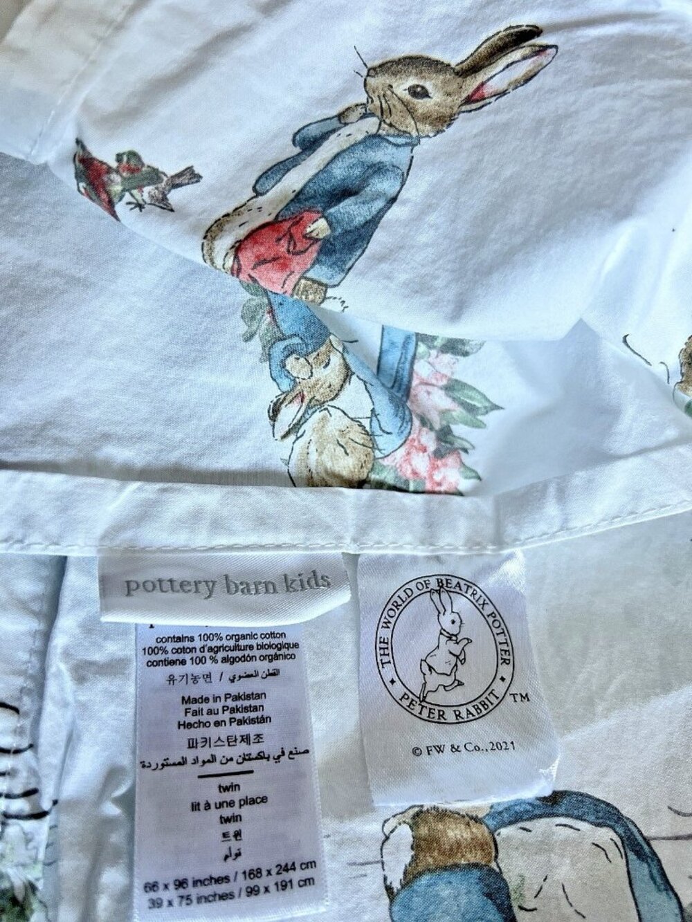 POTTERY BARN KIDS Peter Rabbit TWIN Flat BEATRIX POTTER  !00% Organic Cotton